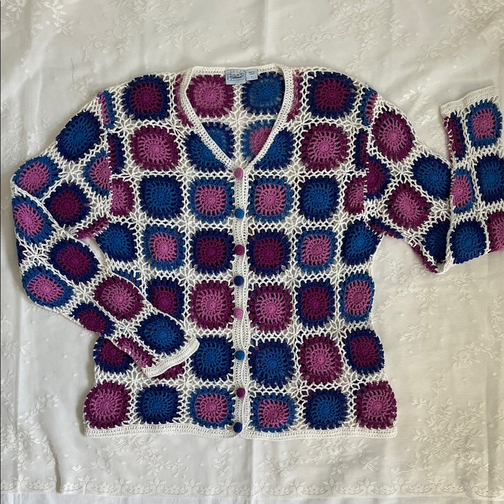 Classic Crochet Cardigan Sweater - Blue, Purple, White by Haband